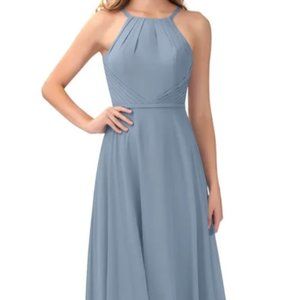 Dusty blue Azazie Melinda bridesmaids dress